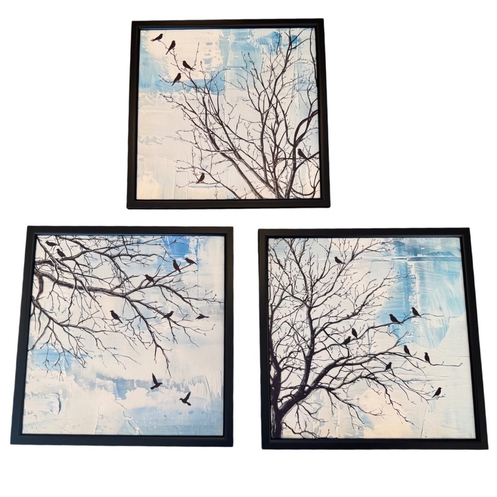 Set of 3 Framed Bird Tree Canvas Wall Art Blue White Abstract Nature Decor 12x12